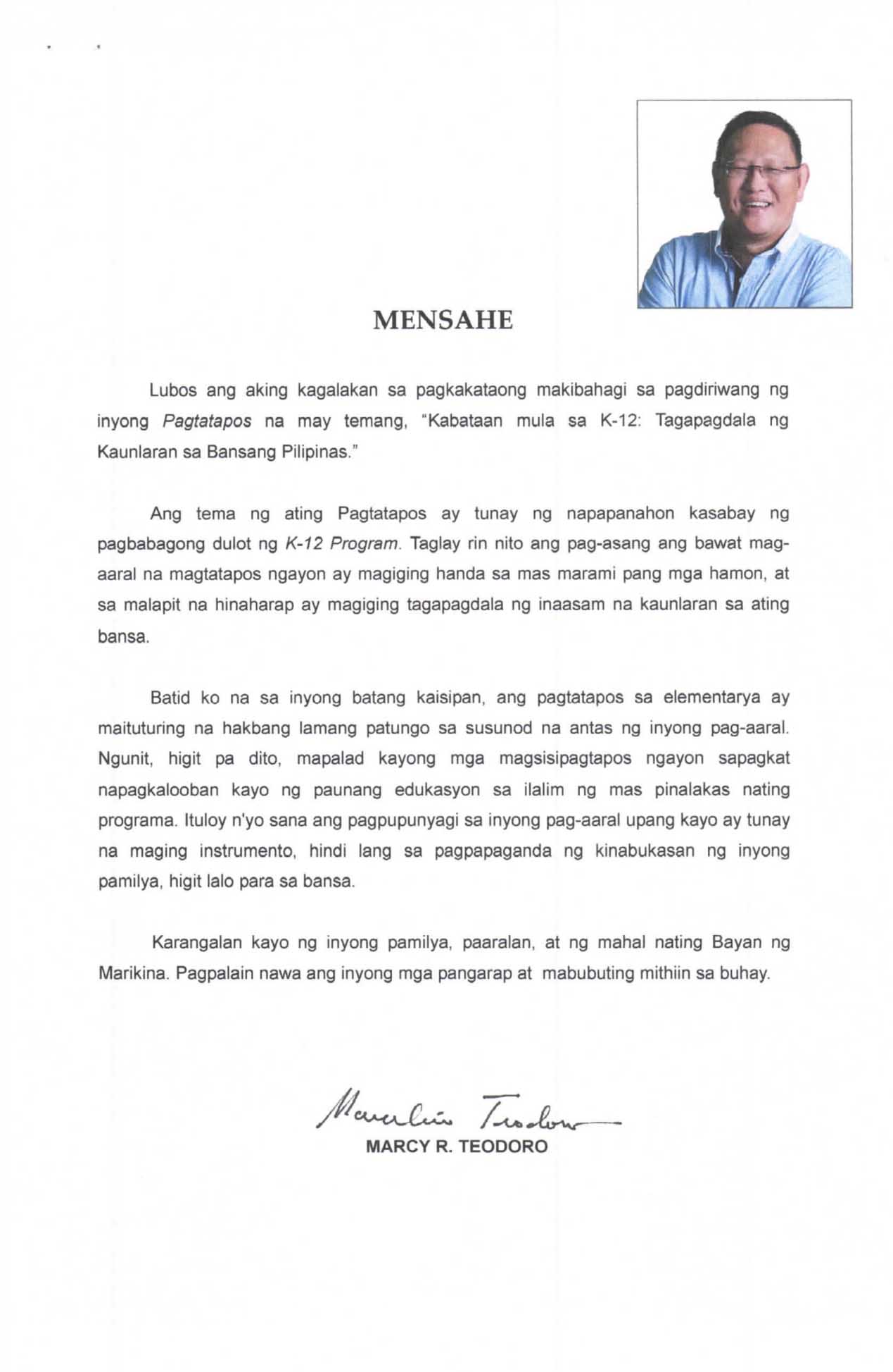 Graduation Message of Cong. Marcy Teodoro