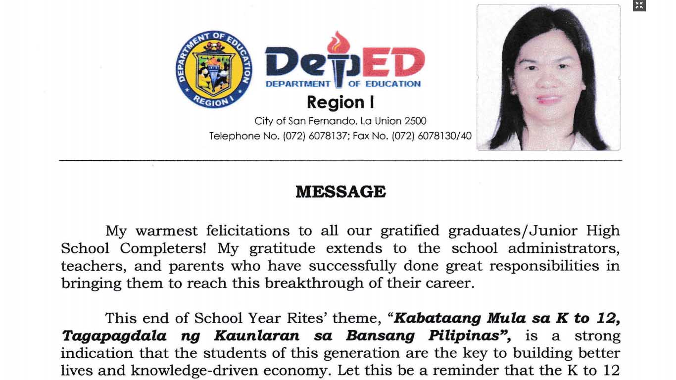 Graduation Message of Regional Director Alma Ruby C. Torio