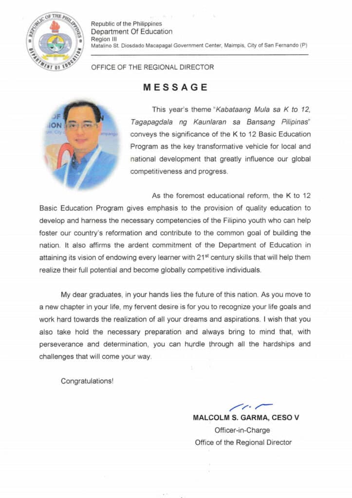 Graduation Message of Regional Director Malcolm Garma Full Copy