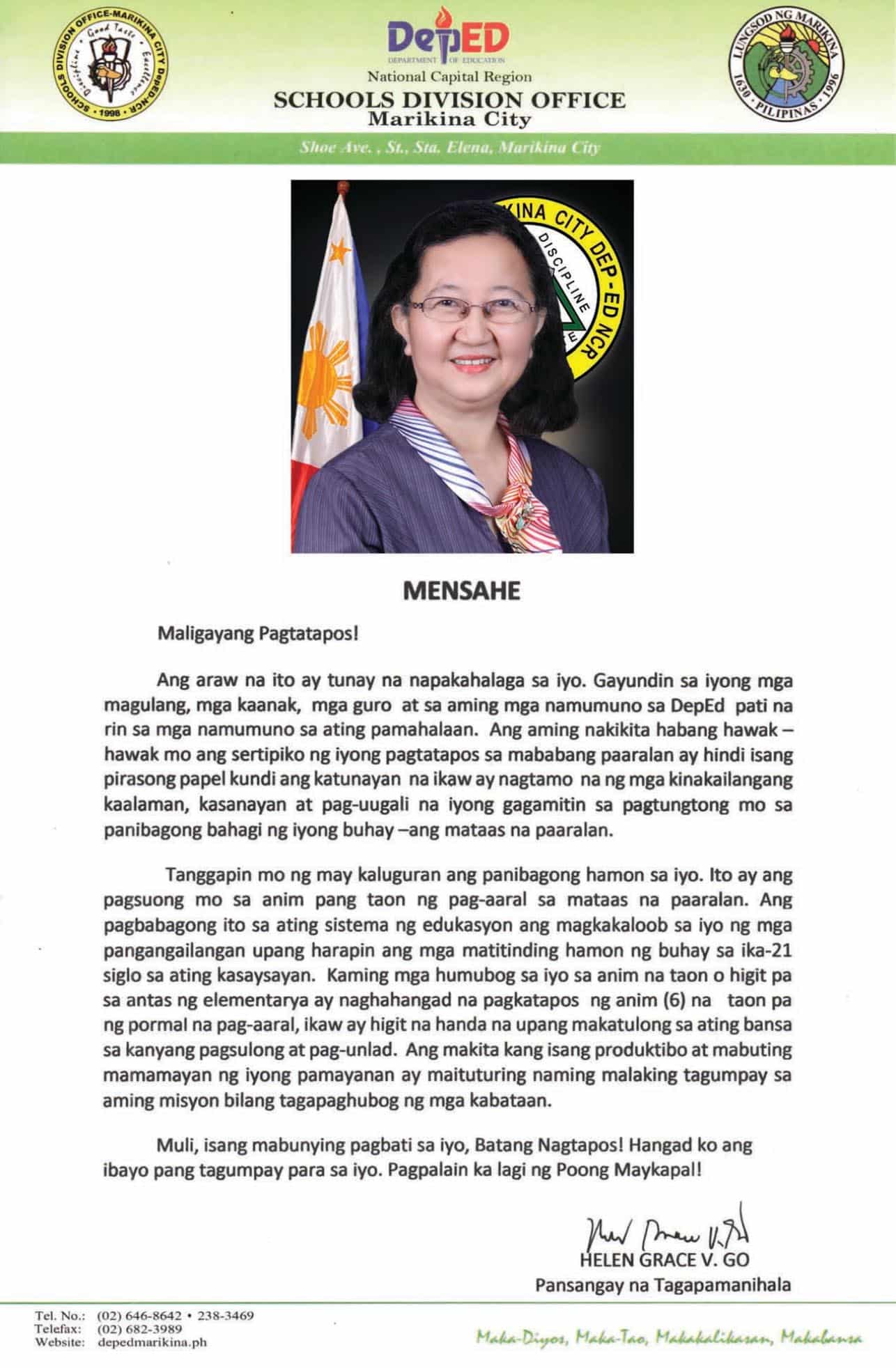 Graduation Message of Schools Division Superintendent Helen Grace Go