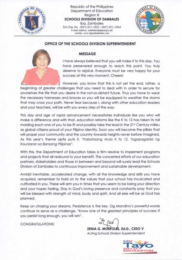 Graduation Message of Schools Division Superintendent Zenia Mostoles