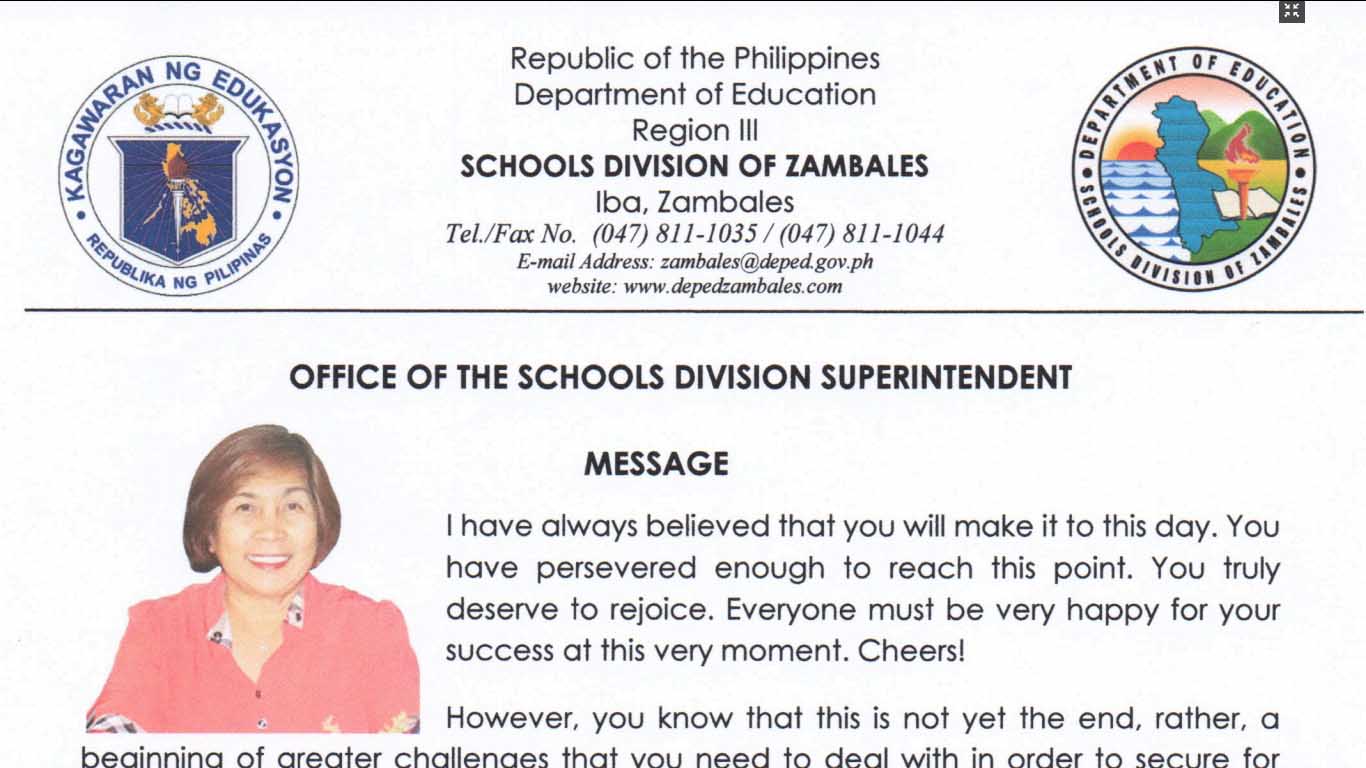 Graduation Message of Schools Division Superintendent Zenia Mostoles Banner