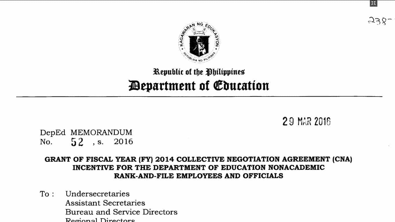 Grant of Fiscal Year (FY) 2014 Collective Negotiation Agreement (CNA) Incentive for the Department of Education Nonacademic Rank-and-File Employees and Officials