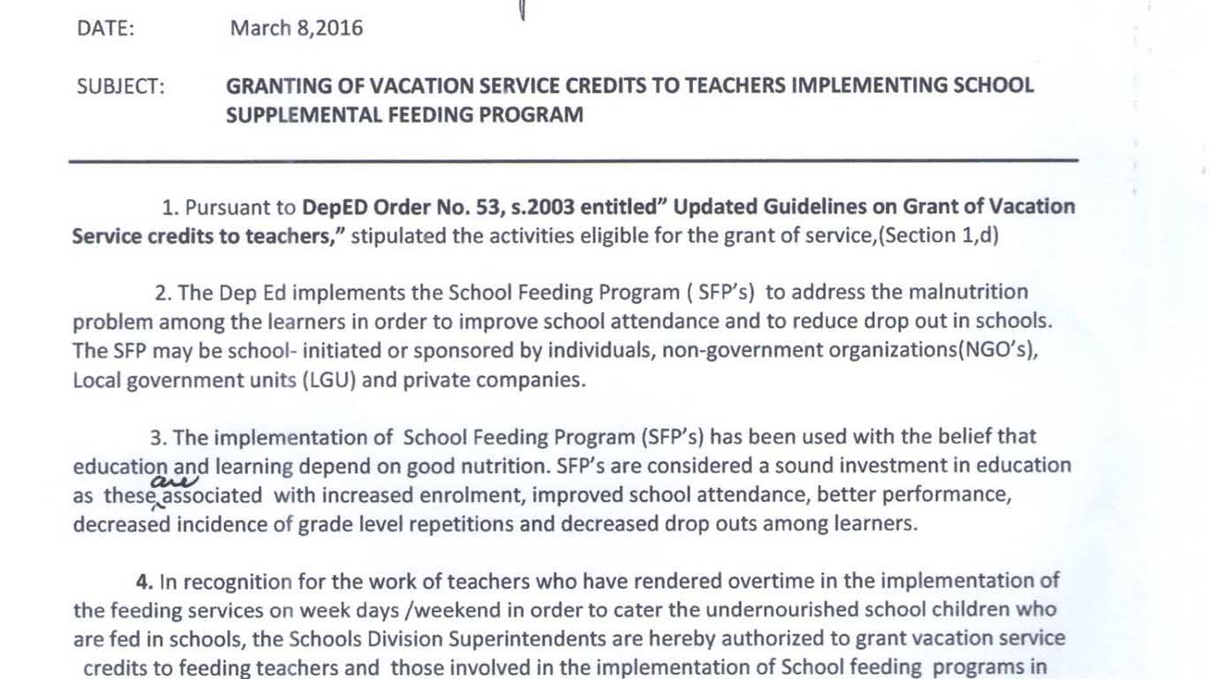 Granting of Vacation Service Credits to Teachers Implementing School Supplemental Feeding Program