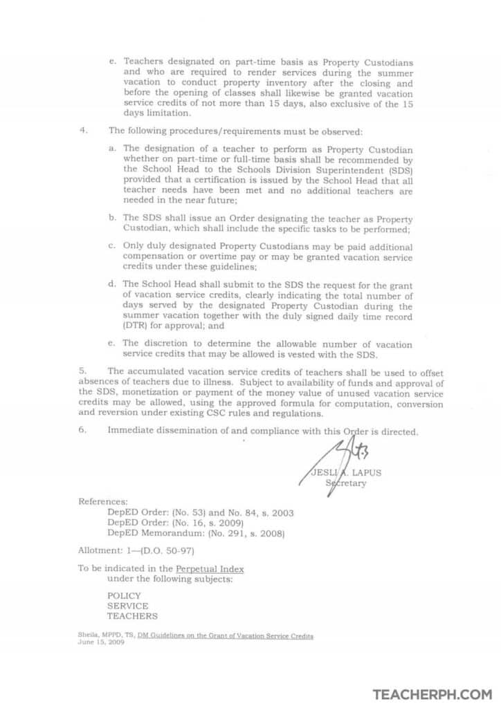 Guidelines on the Grant of Vacation Service Credits to Teachers Designated as District School Property Custodians