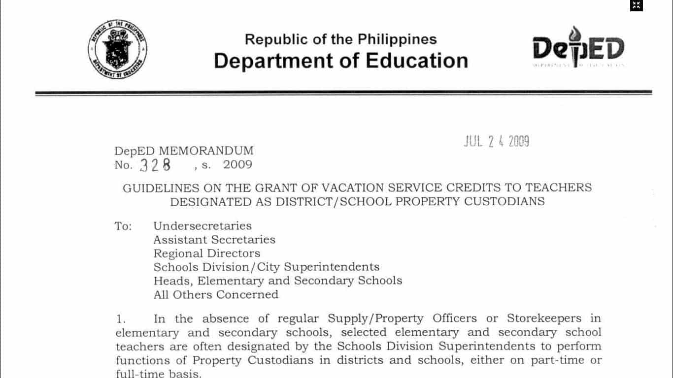 Guidelines on the Grant of Vacation Service Credits to Teachers Designated as District School Property Custodians
