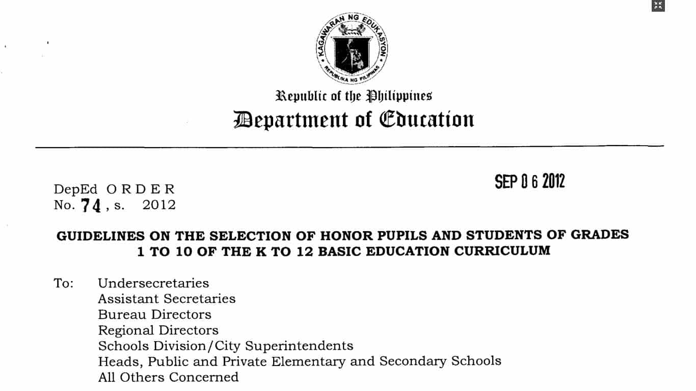 Guidelines on the Selection of Honor Pupils and Students of Grades 1 to 10 of the K to 12 Basic Education Curriculum
