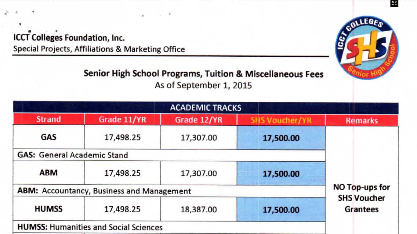 ICCT Colleges Senior High School Programs, Tuition & Miscellaneous Fees