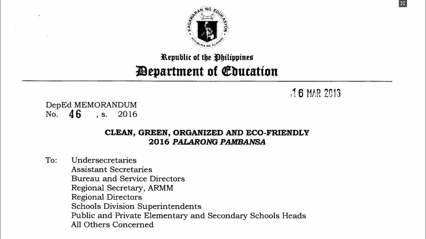 Implementing Guidelines for the Clean, Green, Organized and Eco-Friendly 2016 Palarong Pambansa