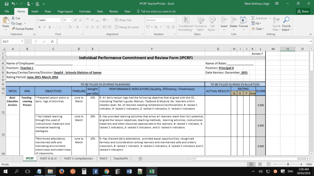Individual Performance Commitment and Review Form (IPCRF) Template 1