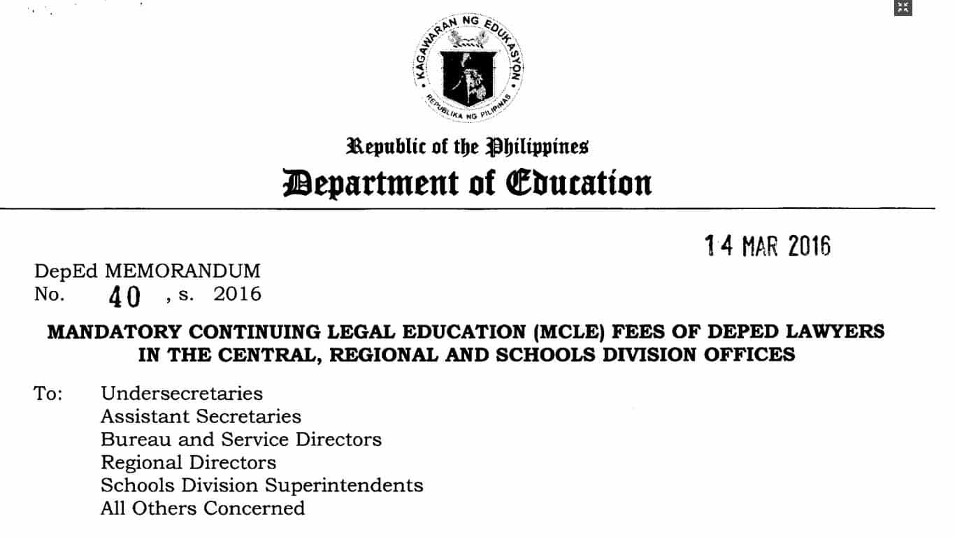 Mandatory Continuing Legal Education (MCLE) Fees of DepEd Lawyers in the Central, Regional and Schools Division Offices