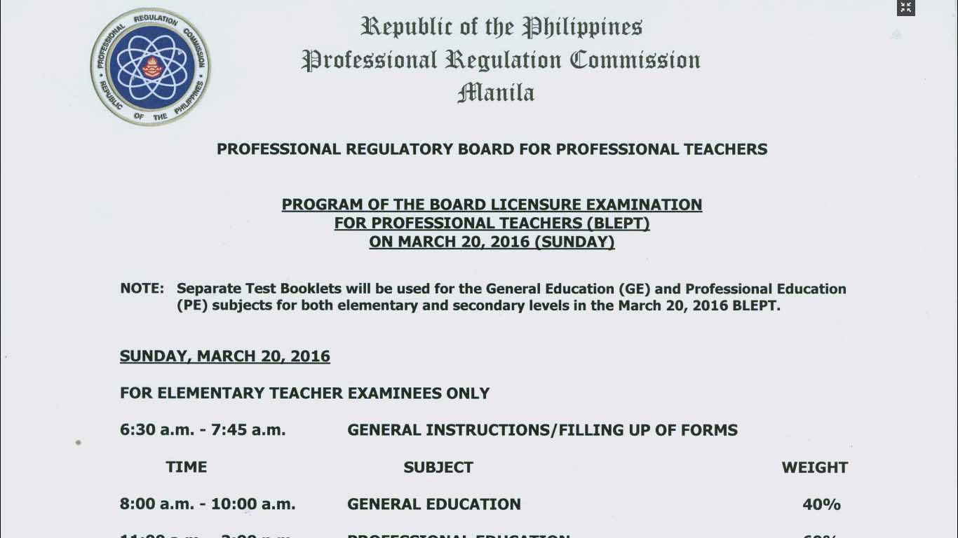 March 2016 Program of the Board Licensure Examination for Professional Teachers