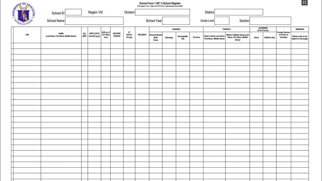 Modified School Form 1 - School Register