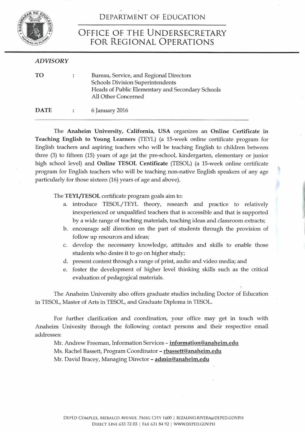 Online Certificates in Teaching English to Young Learners (TEYL) and Teaching English to Speakers of Other Languages (TESOL) at the Anaheim University