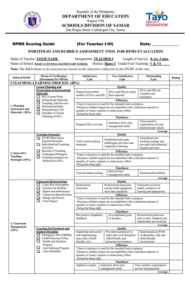 Portfolio and Rubrics Assessment Tool for RPMS Evaluation