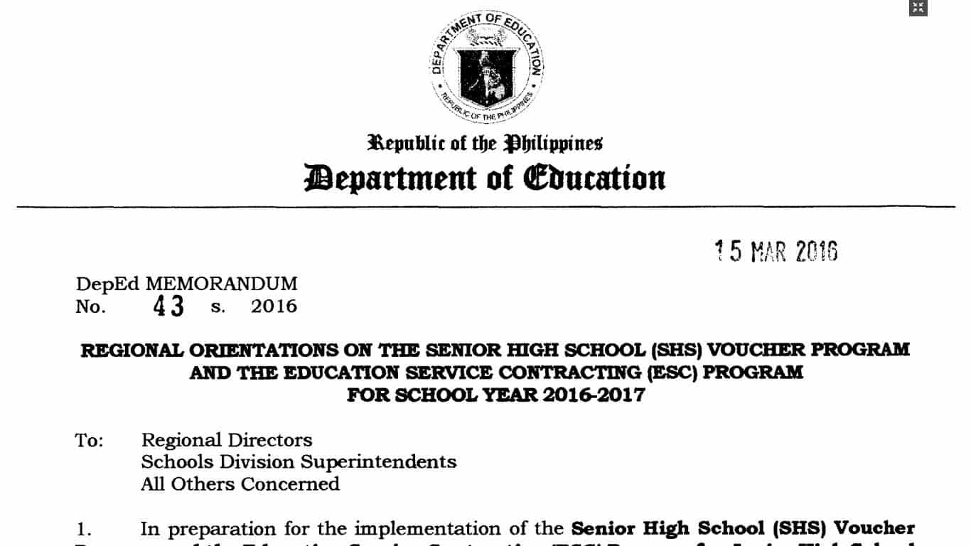 Regional Orientation of the Senior High School (SHS) Voucher Program and the Education Service Contracting (ESC) Program for School Year 2016-2017