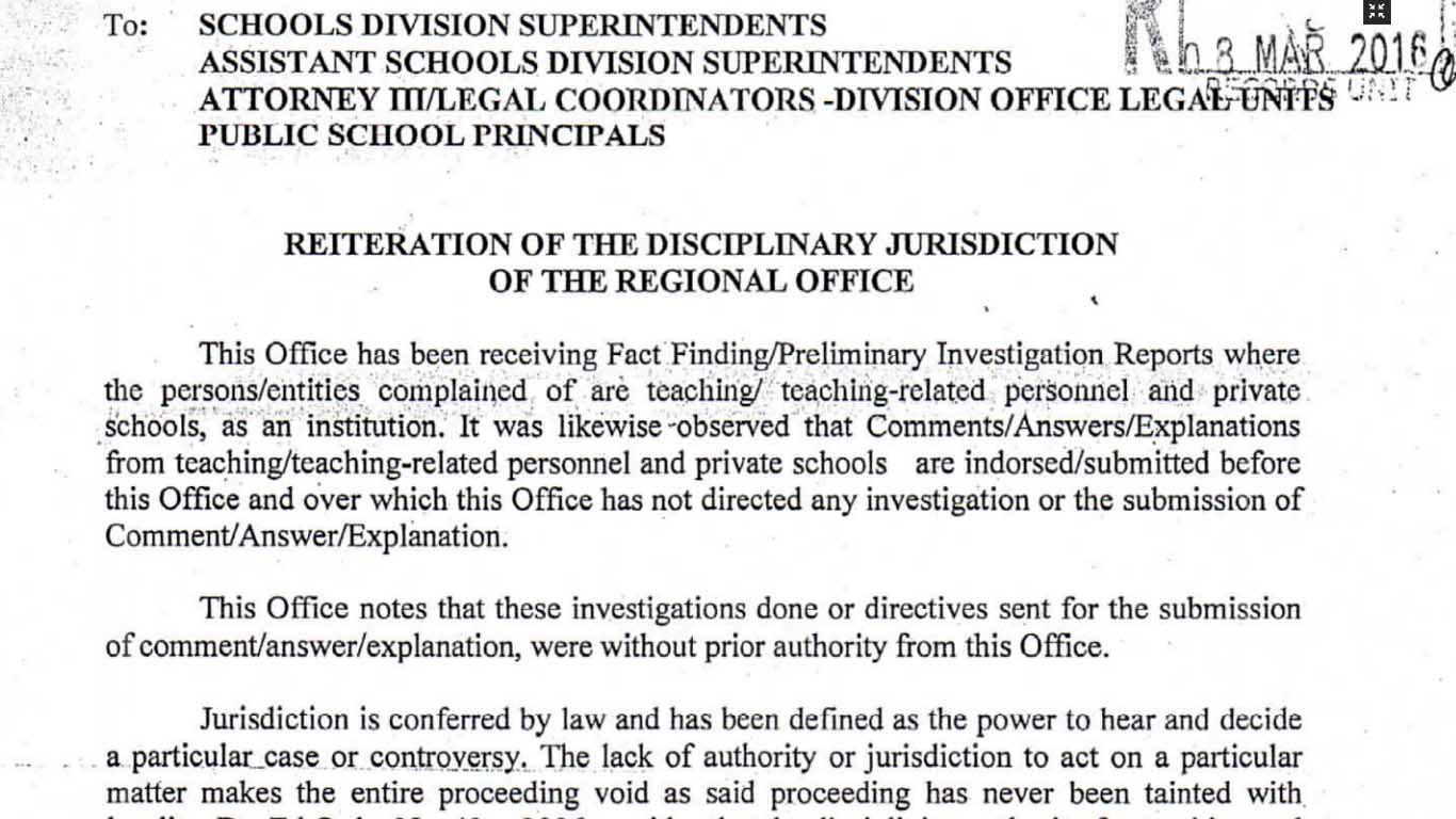 Reiteration of the Disciplinary Jurisdiction of the Regional Office