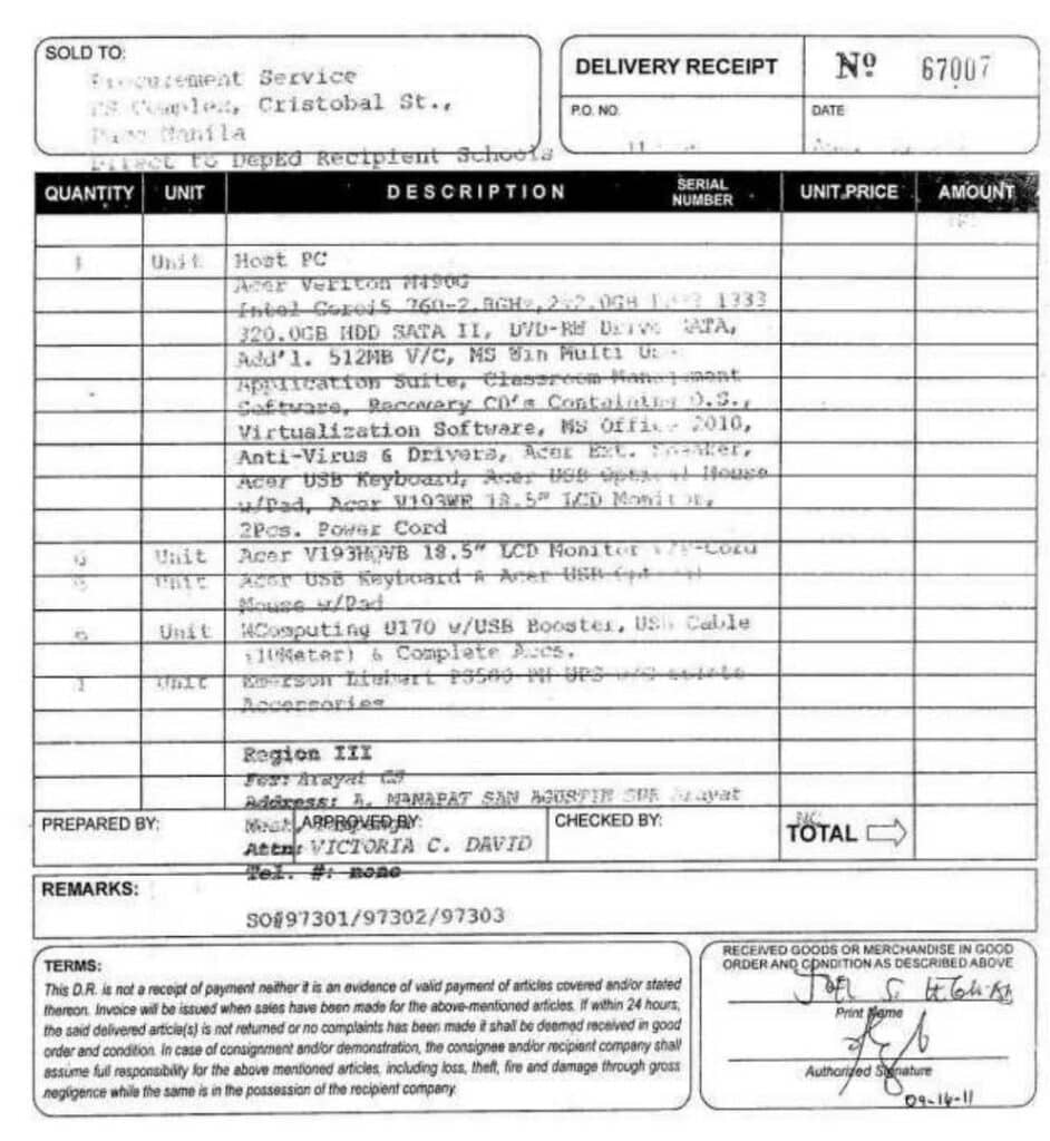 Sample Supplier Delivery Receipt and Serial Numbers