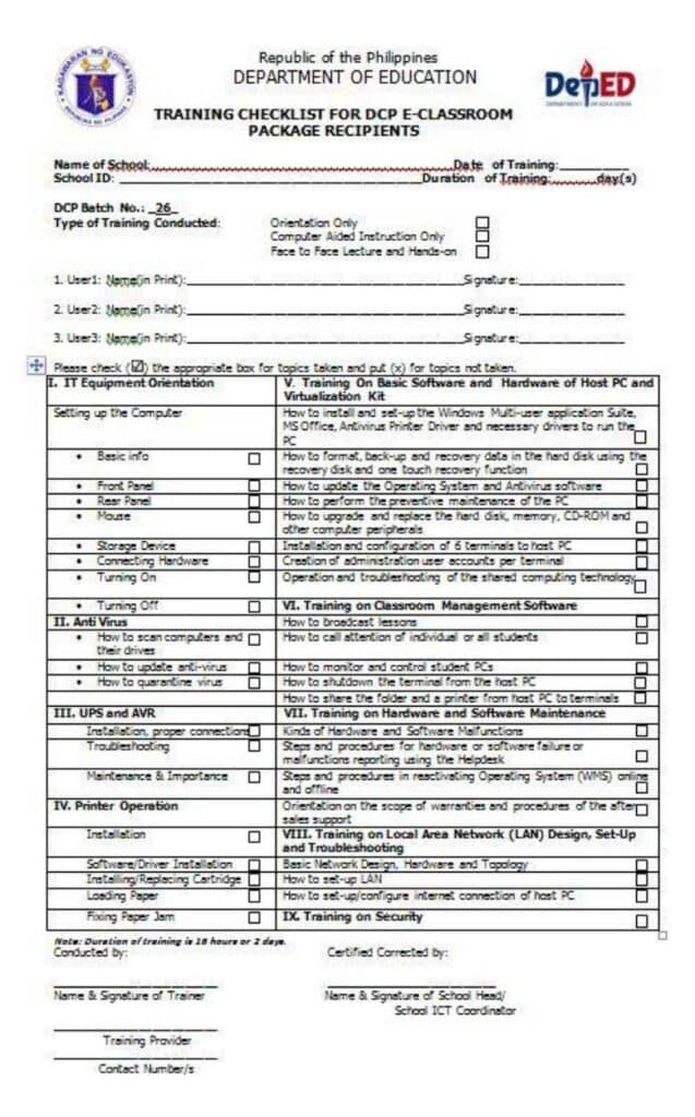 Sample Training Checklists