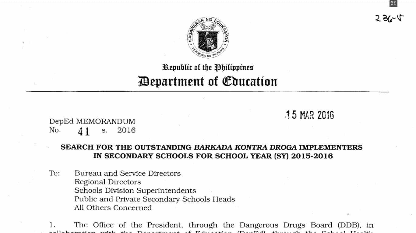 Search for the Outstanding Barkada Kontra Droga Implementers in Secondary Schools for School Year (SY) 2015-2016