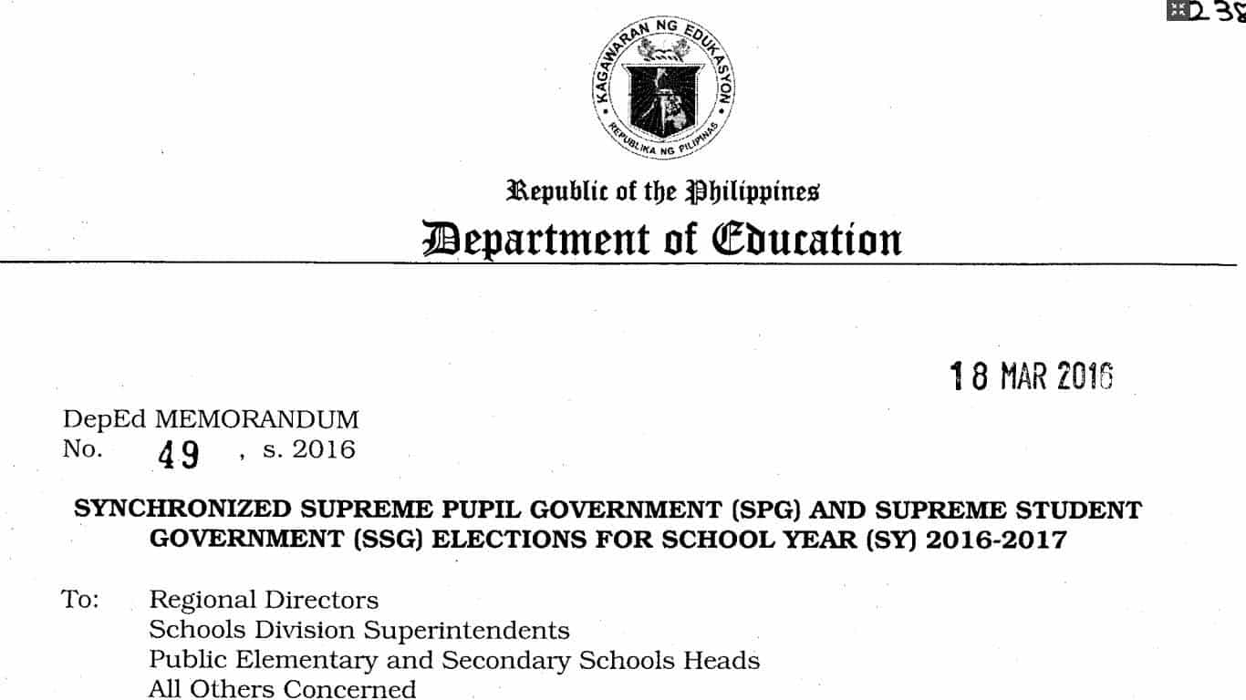 Synchronized Supreme Pupil Government (SPG) and Supreme Student Government (SSG) Elections for School Year (SY) 2016-2017