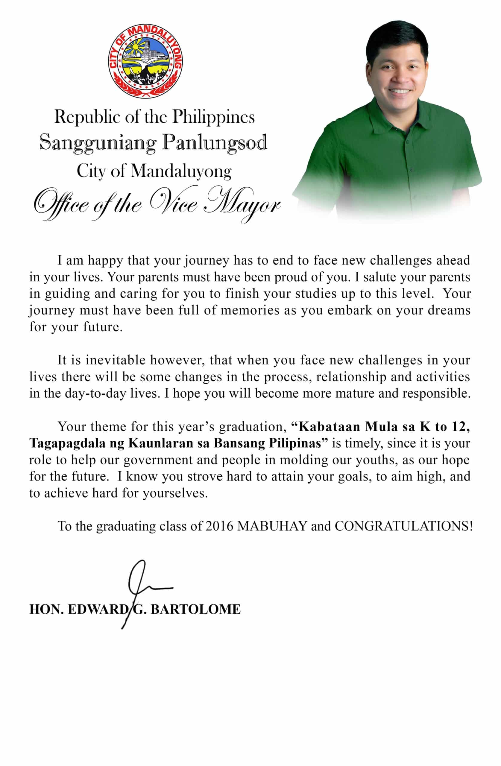 Graduation message of vice mayor edward bartolome teacherph
