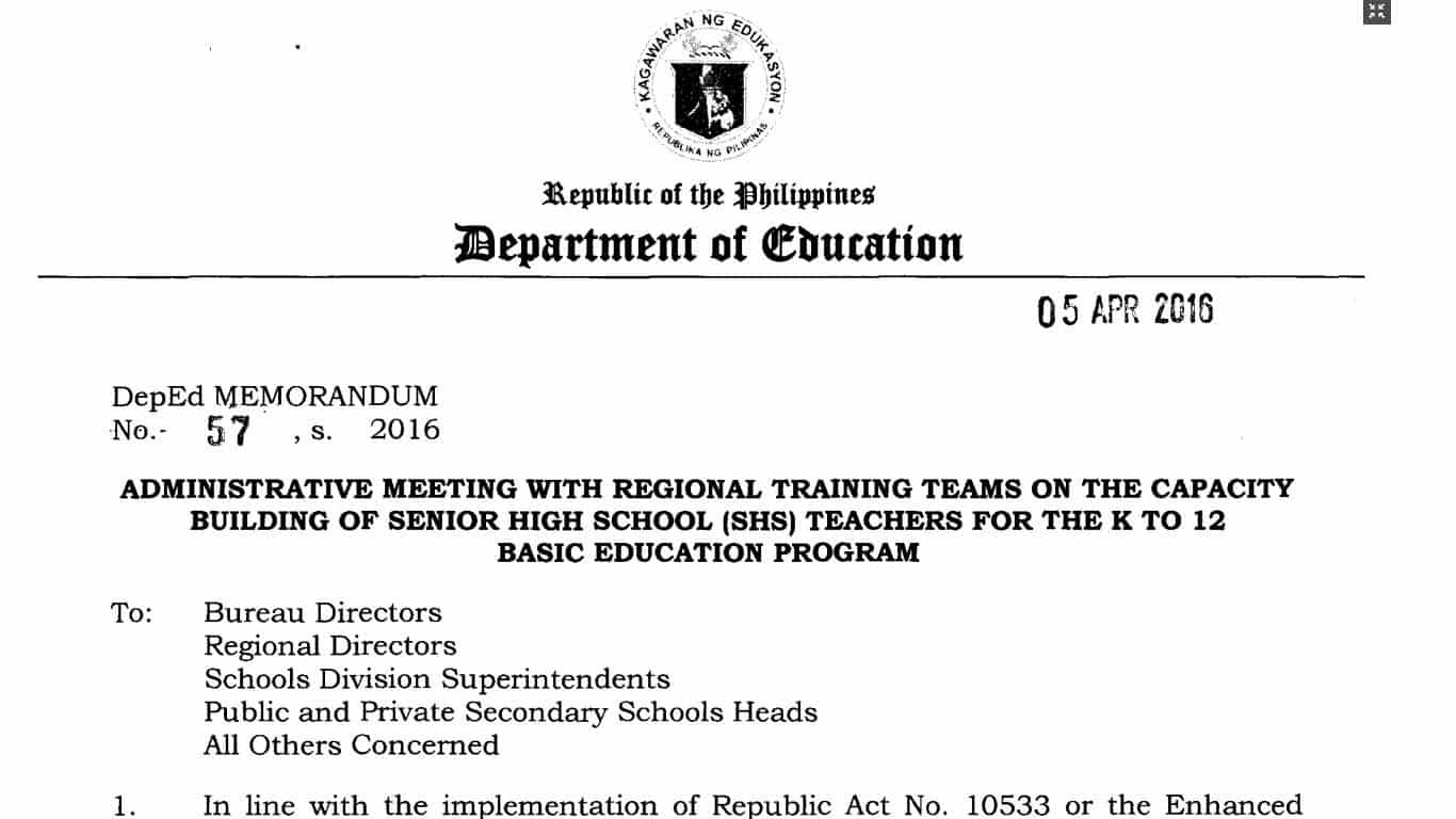 Administrative Meeting with Regional Training Teams on the Capacity Building of Senior High School (SHS) Teachers for the K to 12 Basic Education Program