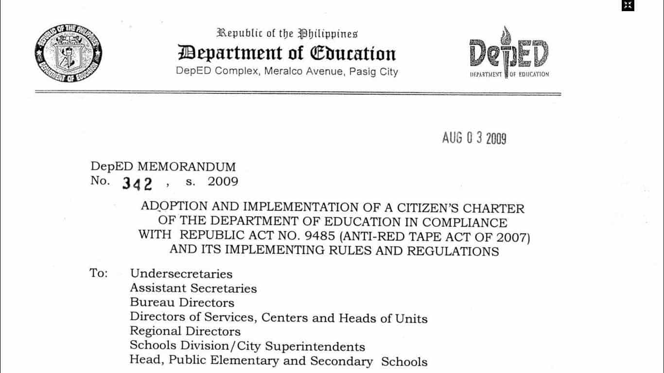 Adoption And Implementation Of A Citizen'S Charter Of The Department Of Education In Compliance With Republic Act No. 9485 (Anti-Red Tape Act Of 2007) And Its Implementing Rules And Regulations