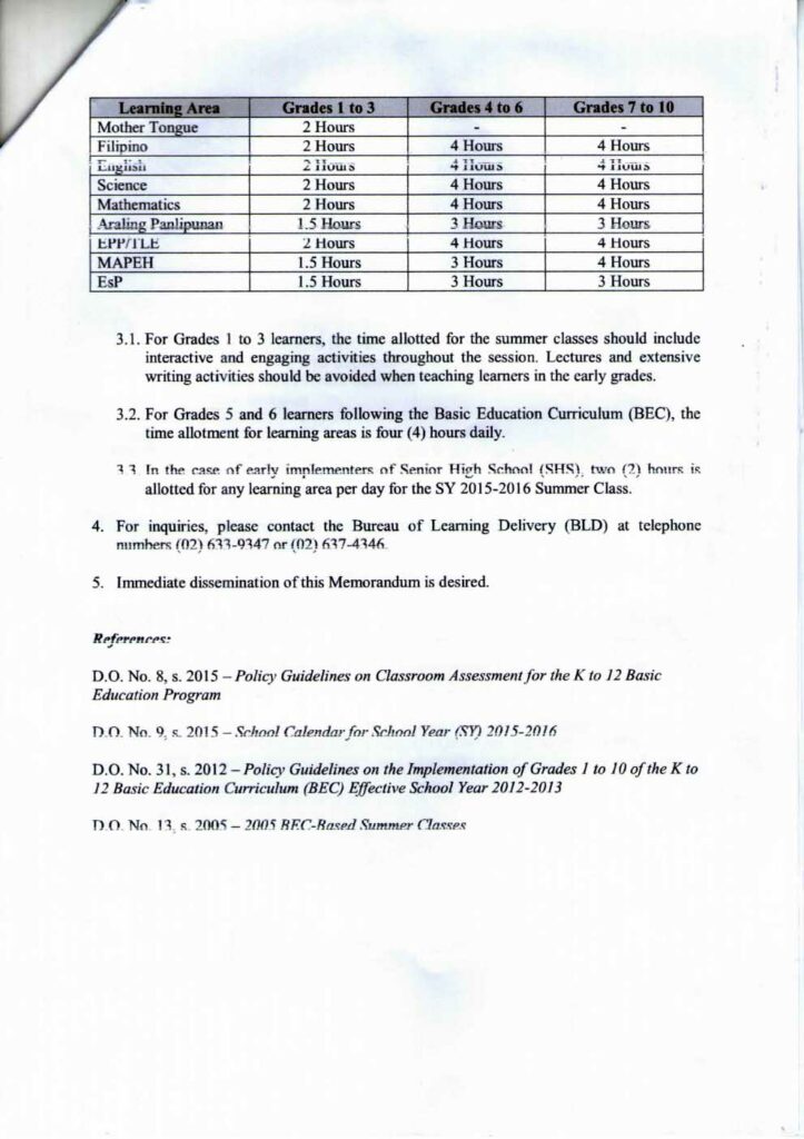 Clarification on the Conduct of Summer Classes for SY 2015-2016