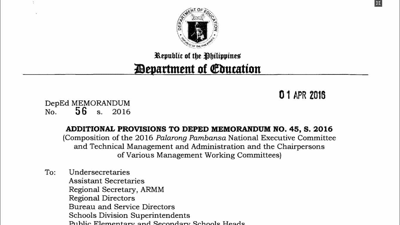 Composition of the 2016 Palarong Pambansa National Executive Committee and Technical Management and Administration and the Chairpersons of Various Management Working Committees