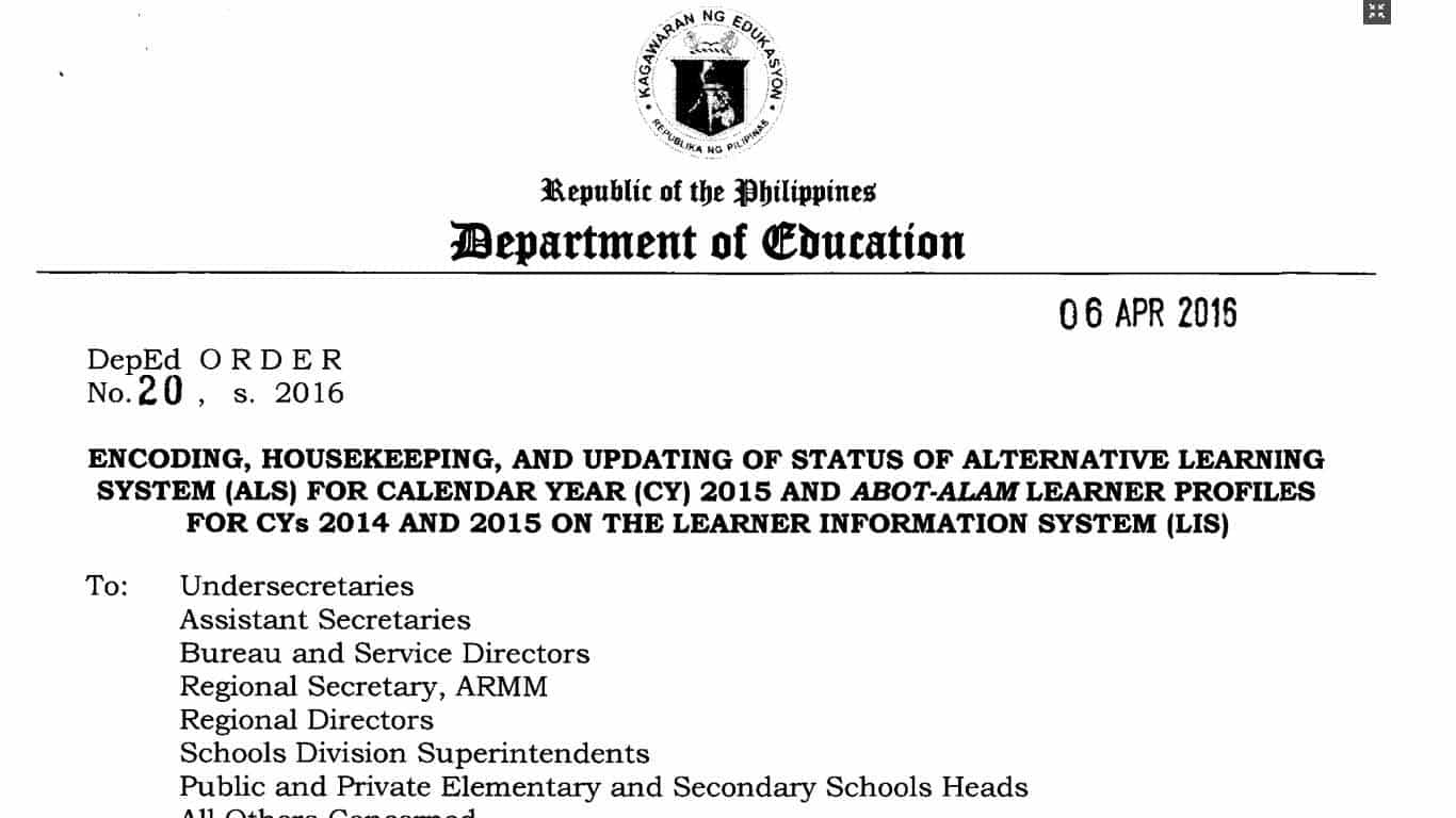 Encoding, Housekeeping, and Updating of Status of Alternative Learning System (ALS) for Calendar Year (CY) 2015 and Abot-Alam Learner Profiles for CYs 2014 and 2015 on the Learner Information System (LIS)