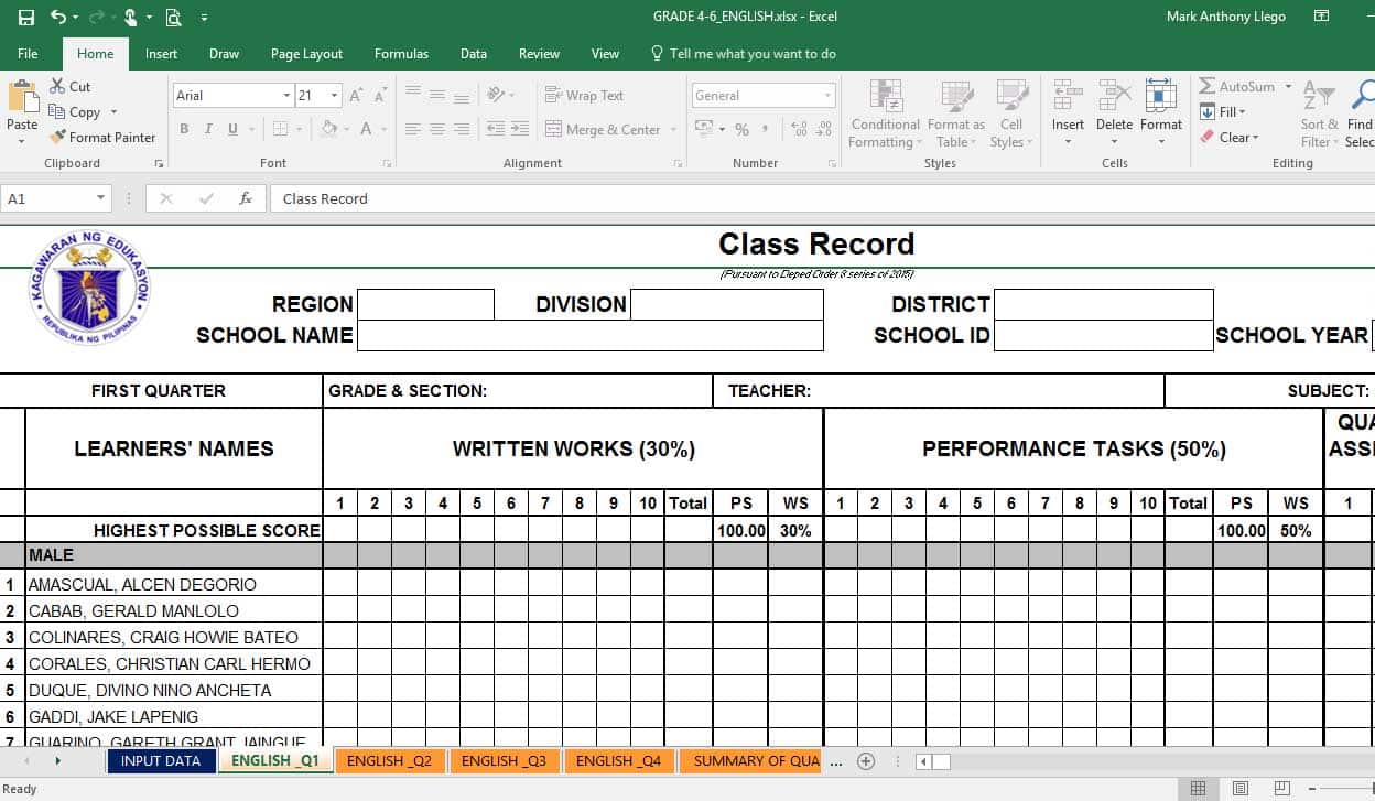 DepEd Electronic Class Record (ECR) Templates TeacherPH