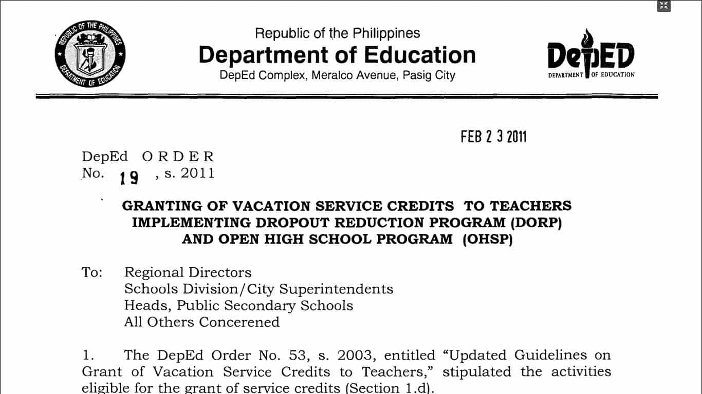 Granting of Vacation Service Credits to Teachers Implementing Dropout Reduction Program (DORP) and Open High School Program (OHSP)