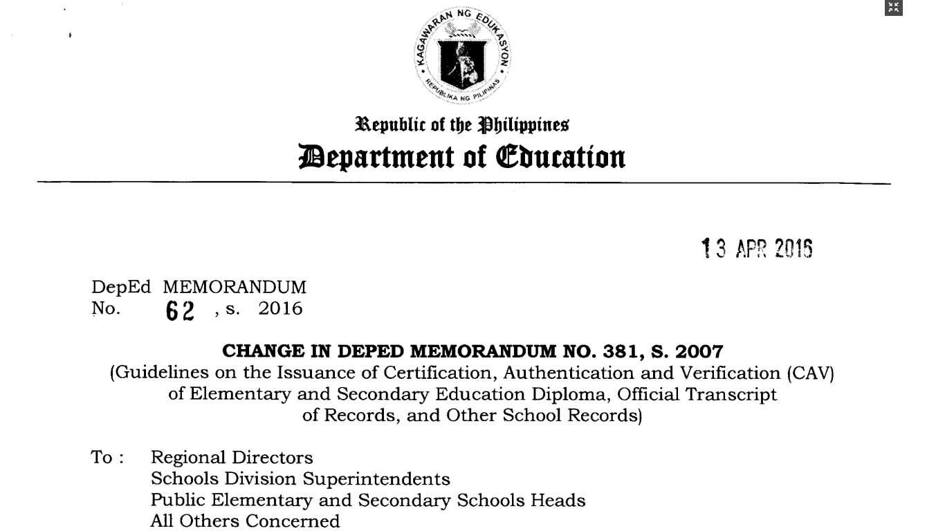 Guidelines on the Issuance of Certification, Authentication and Verification (CAV) of Elementary and Secondary Education Diploma, Official Transcript of Records, and Other School Records