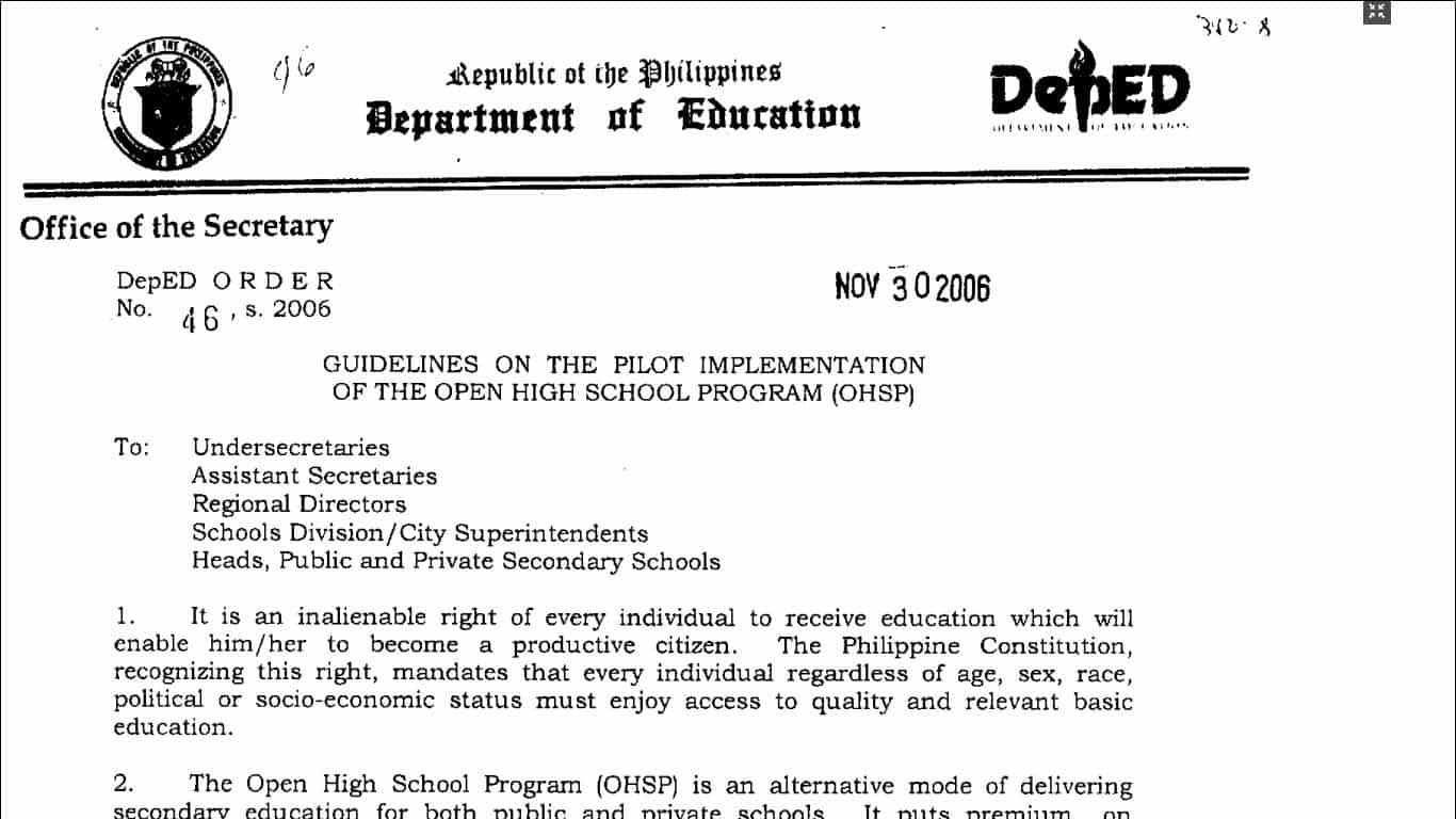 Guidelines on the Pilot Implementation of the Open High School Program