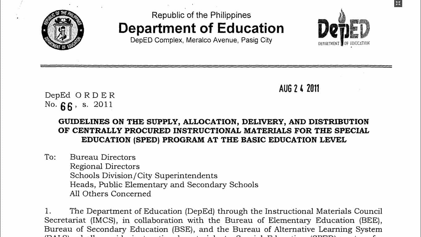 Guidelines on the Supply, Allocation, Delivery, and Distribution of Centrally Procured Instructional Materials for the Special Education (SPED) Program at the Basic Education Level