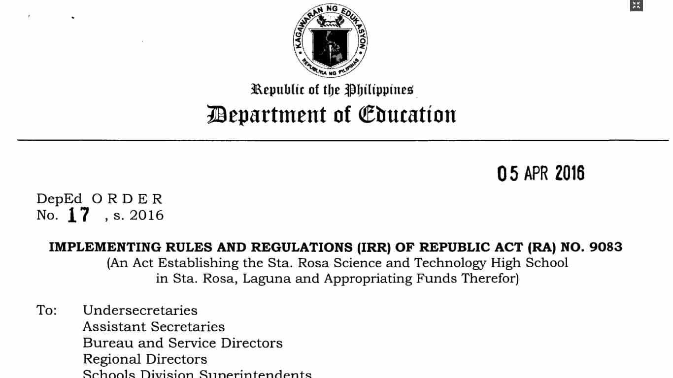 Implementing Rules and Regulations (IRR) of Republic Act (RA) No. 9083 (An Act Establishing the Sta. Rosa Science and Technology High School in Sta. Rosa, Laguna and Appropriating Funds Therefor)