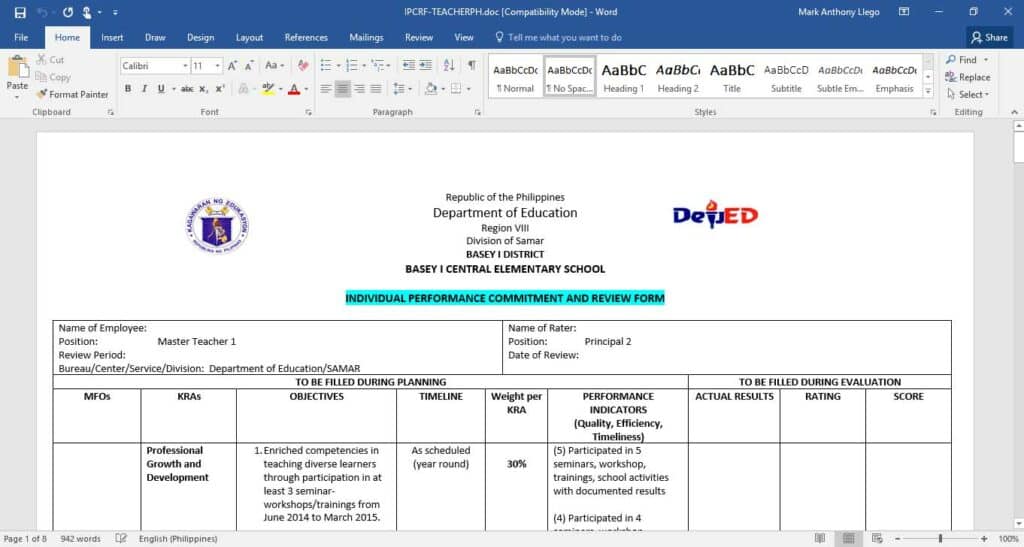 Individual Performance Commitment and Review Form (IPCRFs) for Teacher I - III