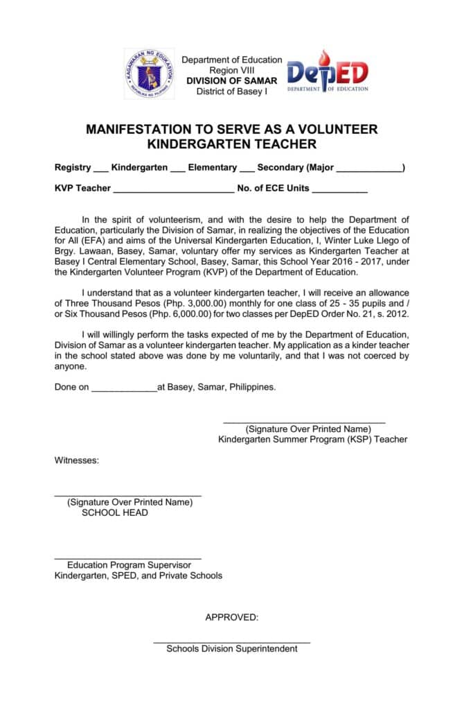Manifestation to Serve as a Volunteer Kindergarten Teacher Full