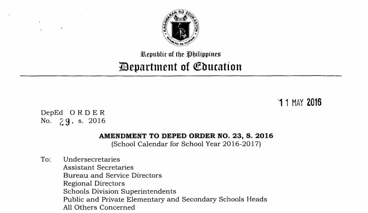 Amendment to DepEd Order No. 23, s. 2016 (School Calendar for School Year 2016-2017)