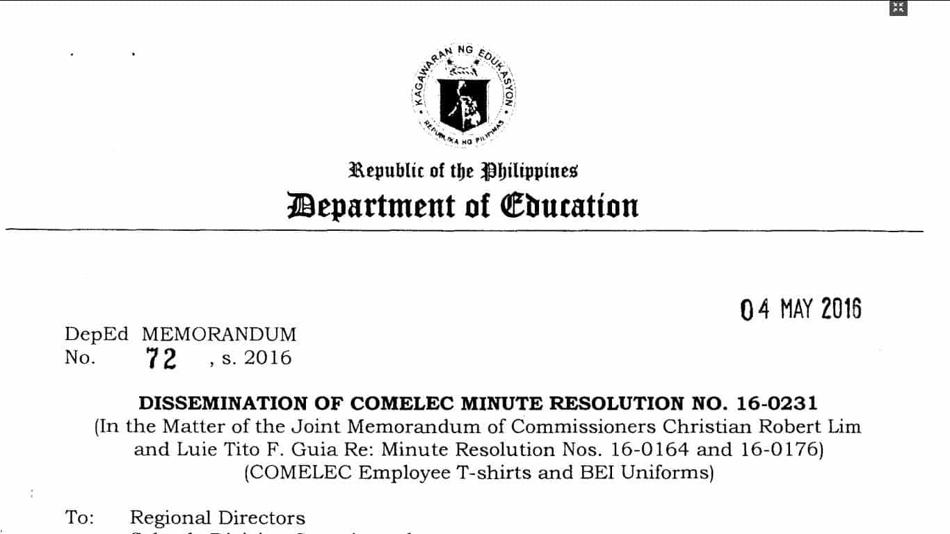 Dissemination of Comelec Minute Resolution No. 16-0231