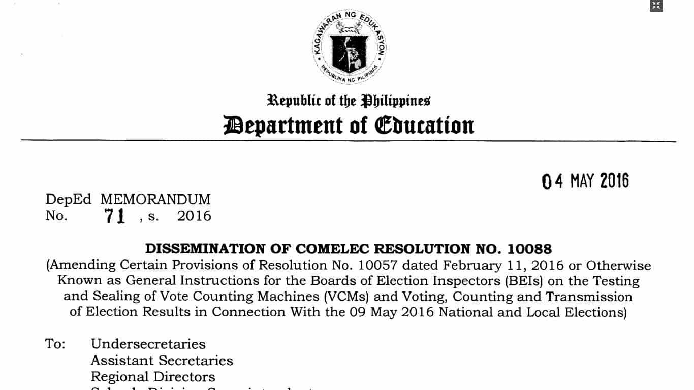 Dissemination of Comelec Resolution No. 10088