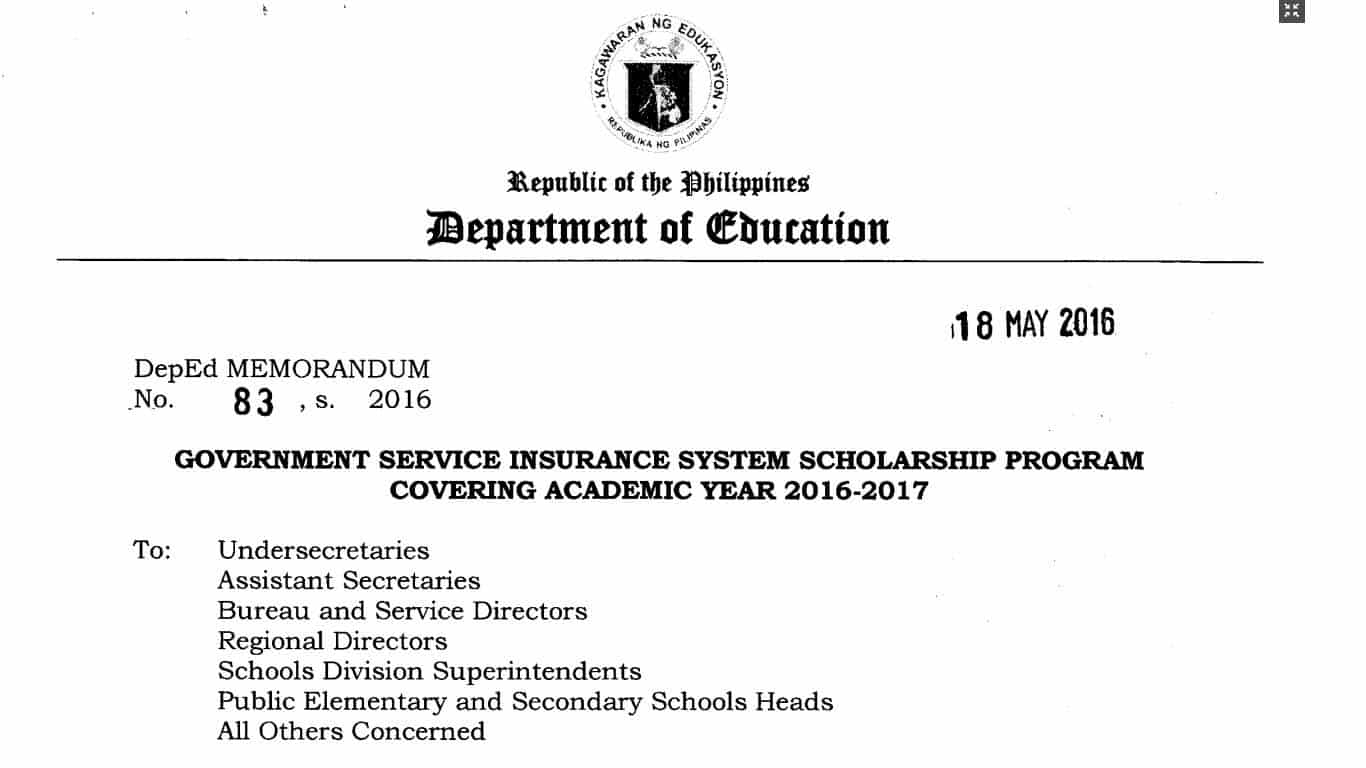Government Service Insurance System Scholarship Program Covering Academic Year 2016-2017
