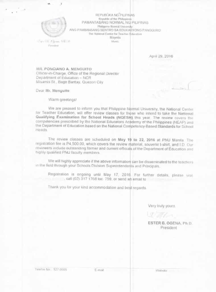 PNU Manila NQESH Letter