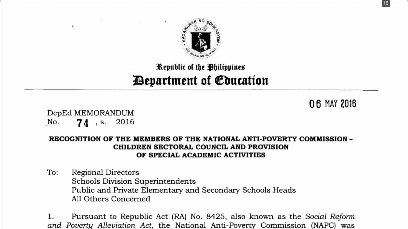 Recognition of the Members of the National Anti-Poverty Commission - Children Sectoral Council and Provision of Special Academic Activities
