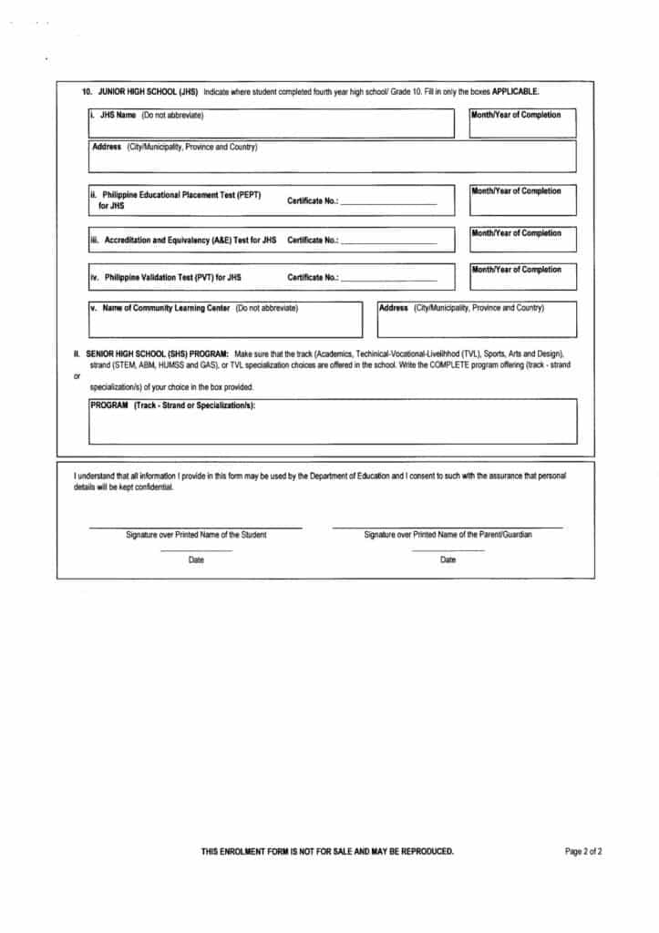Senior High School Enrolment Form TeacherPH Page 2 of 2
