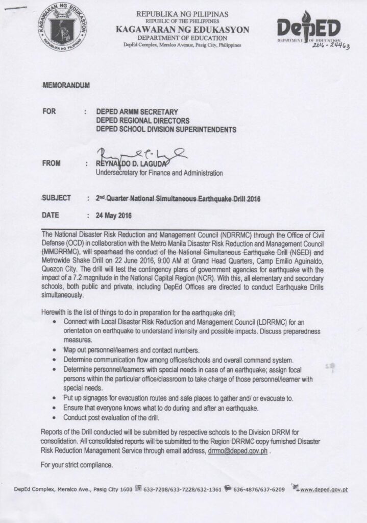 2nd Quarter National Simultaneous Earthquake Drill Memorandum