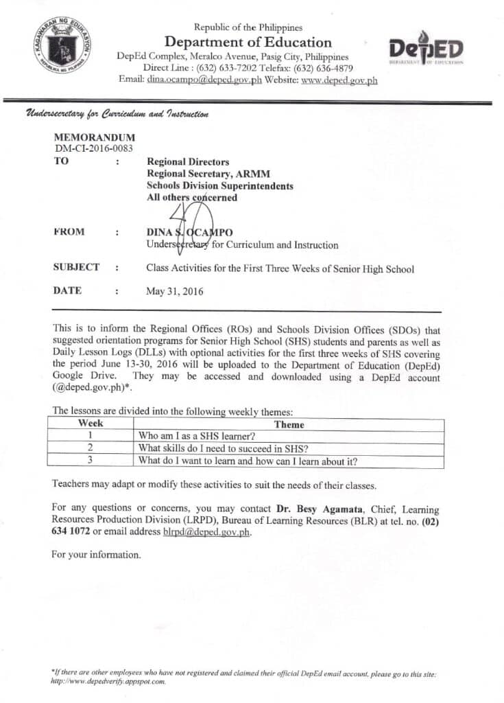 Class Activities for the First Three Weeks of Senior High School Memorandum