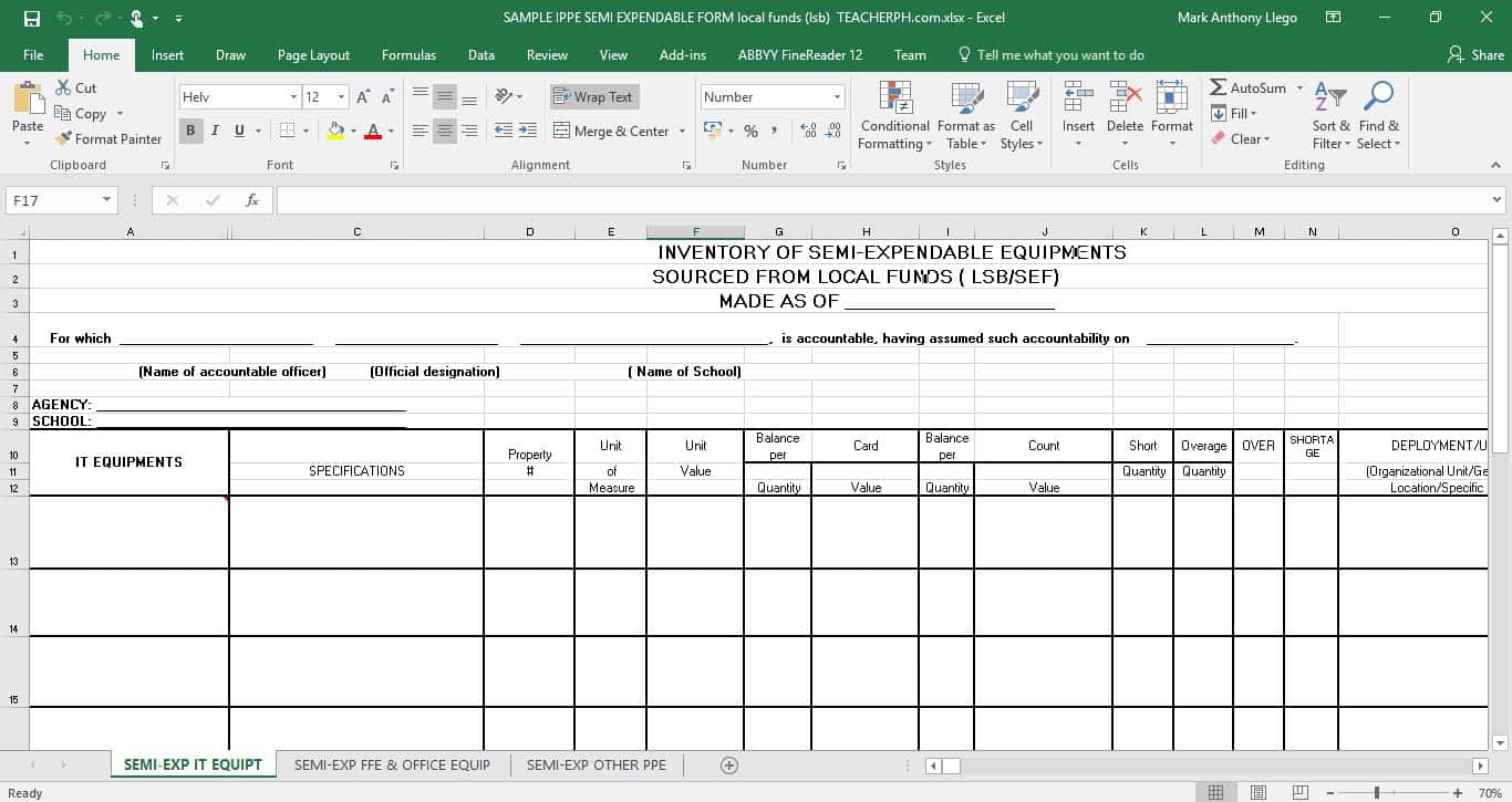 Inventory of Property Plant and Equipment (IPPE) EXPENDABLE FORM - LOCAL FUNDS