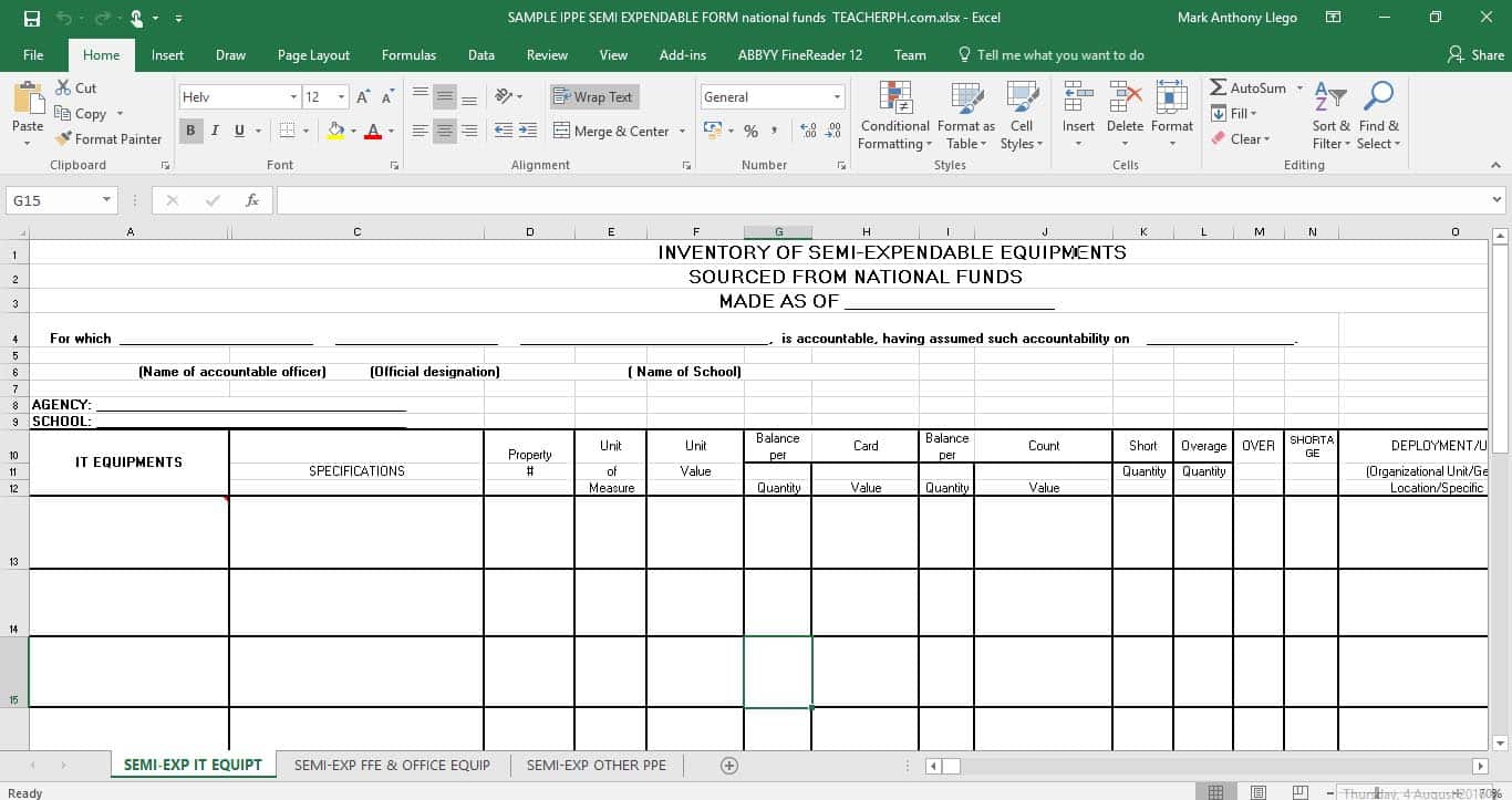 Inventory of Property Plant and Equipment (IPPE) EXPENDABLE FORM - NATIONAL FUNDS